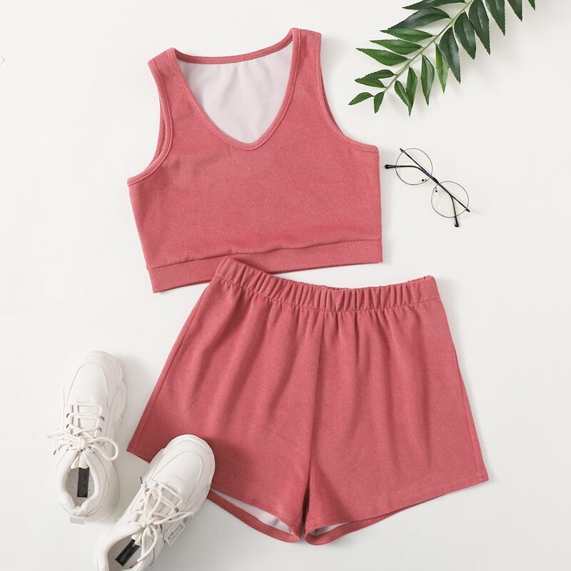 

Solid Tank Top & Shorts Lounge Set, Watermelon pink