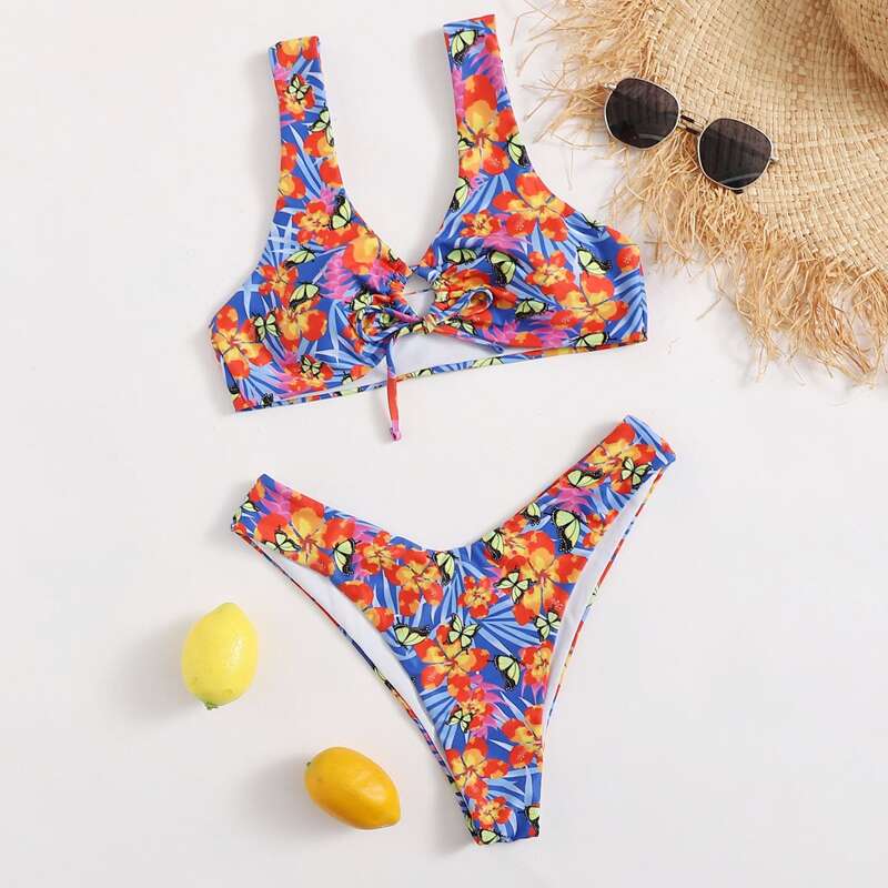 

Flower & Butterfly Graphic Cut Out Bikini Swimsuit, Multicolor