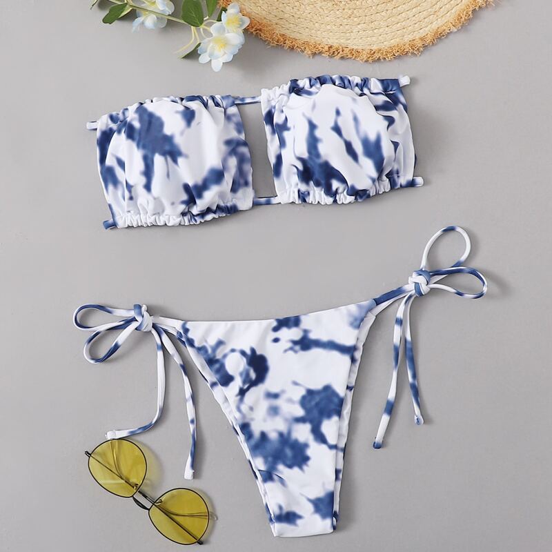 

Tie Dye Tie Side Bikini Swimsuit, Blue and white