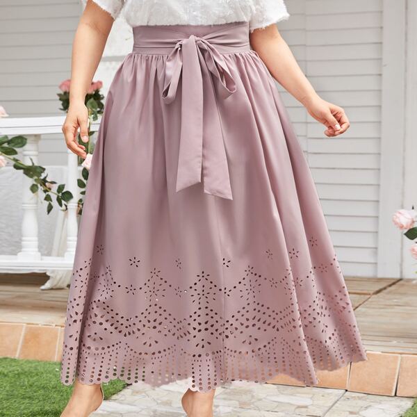 

Plus Solid Laser Cut Tie Front Skirt, Dusty pink