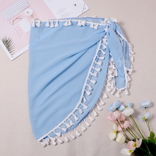 

Tassel Trim Mesh Knot Cover Up Skirt, Baby blue
