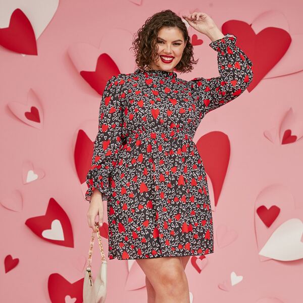 

Plus Heart Print Ruffle Trim Dress, Multicolor