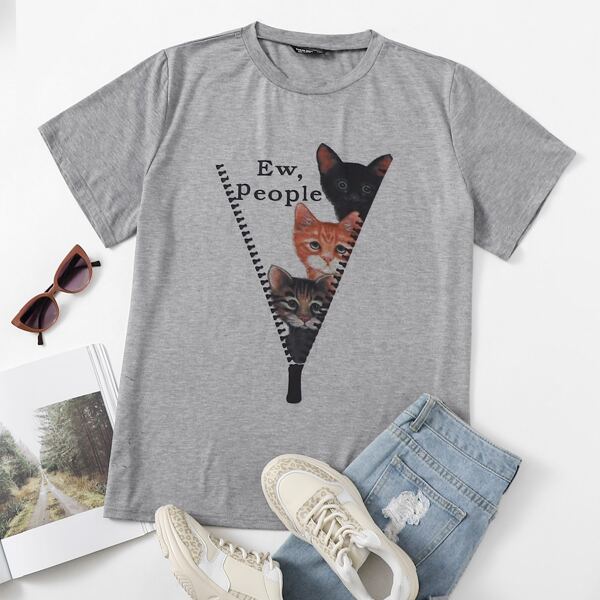 

Plus Cat And Letter Graphic Tee, Grey