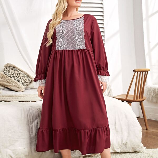 

Plus Lace Trimed Ruffle Hem Night Dress, Burgundy
