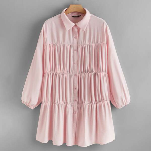 

Plus Button Front Bishop Sleeve Smock Dress, Baby pink
