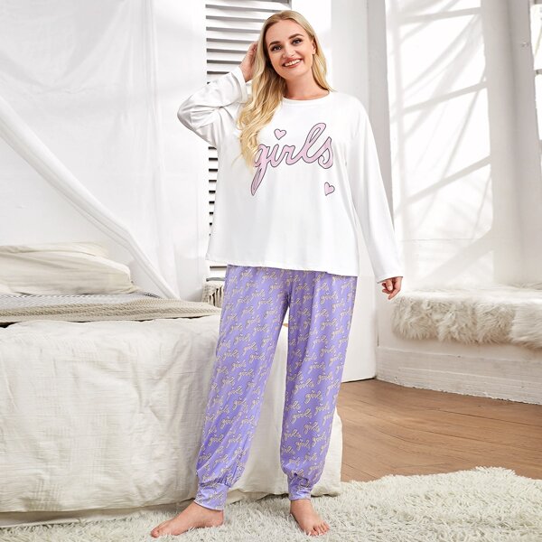 

Plus Letter & Heart Print PJ Set, Multicolor