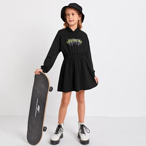

Girls Letter Graphic Hooded Dress, Black