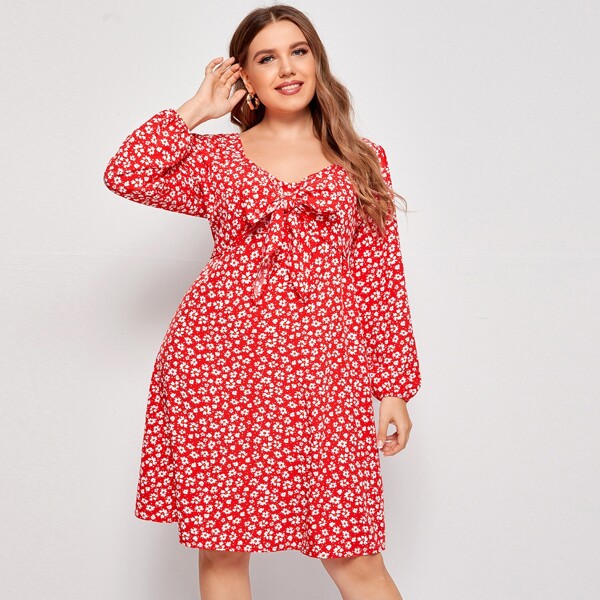 

Plus Ditsy Floral Bow Front Sweetheart Neck Dress, Red and white
