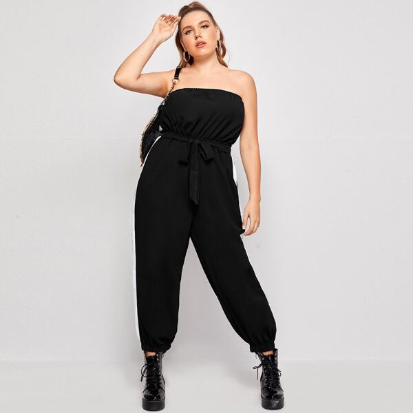 

Plus Colorblock Belted Tube Jumpsuit, Black