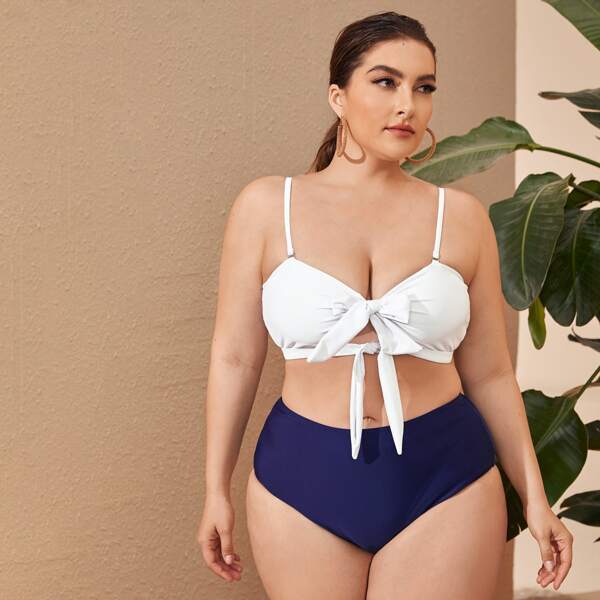 

Plus Two Tone Knot Front Bikini Swimsuit, Blue and white