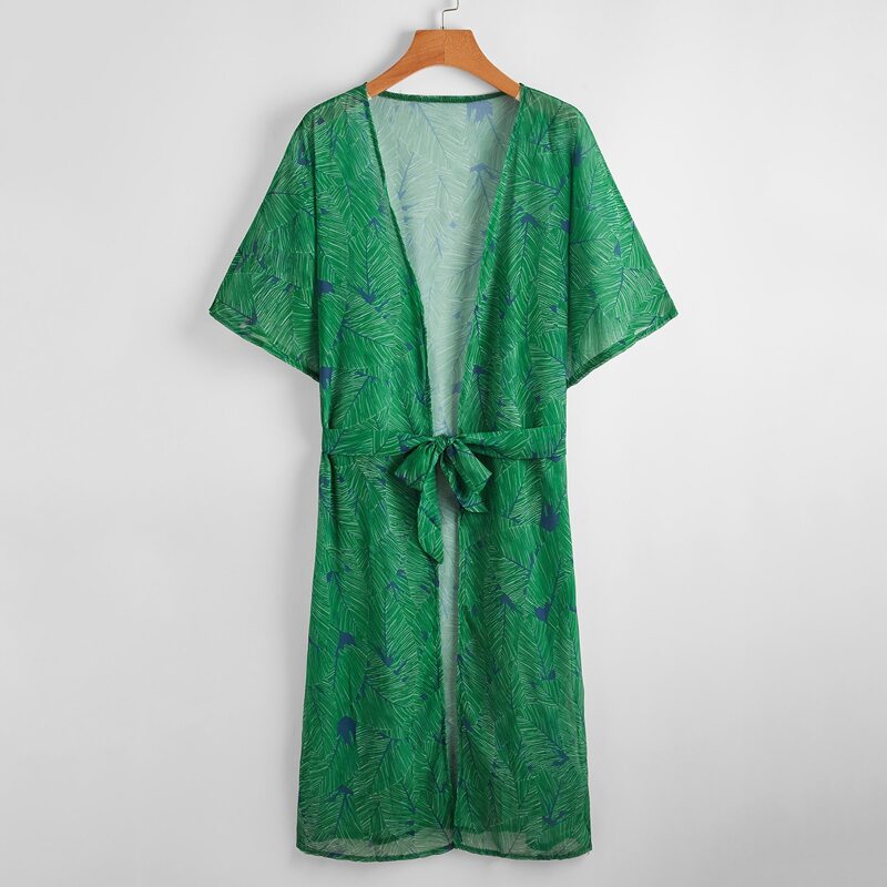 

Tropical Leaf Print Belted Kimono, Multicolor