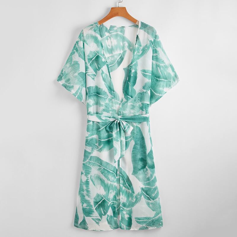 

Tropical Leaf Print Belted Kimono, Multicolor
