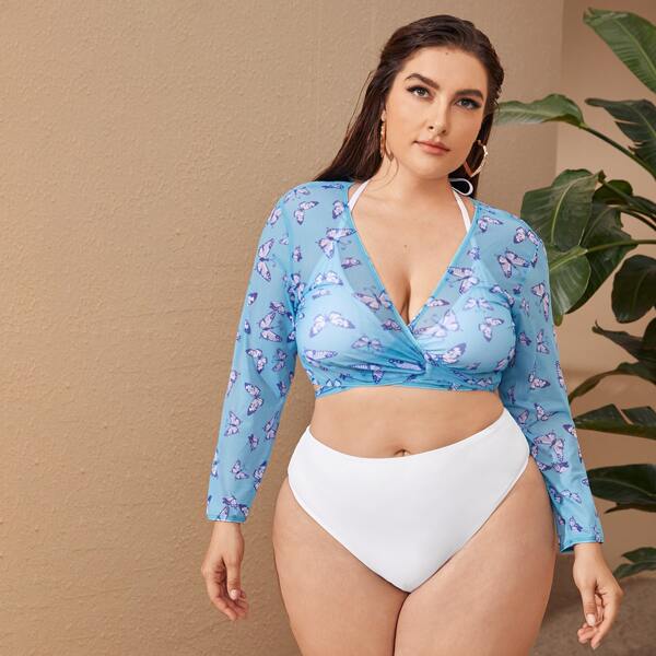 

3pack Plus Butterfly Print Bikini Swimsuit & Cover Up, Black and white