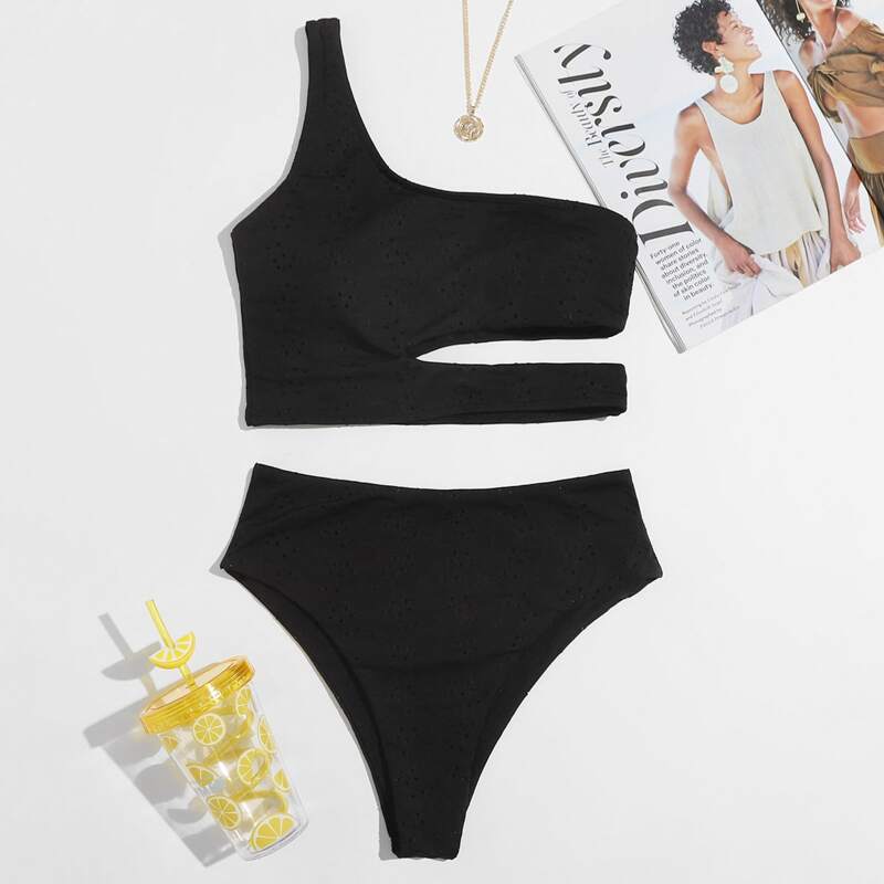 

Solid One Shoulder Bikini Swimsuit, Black