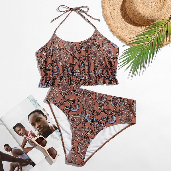 

Plus Paisley Ruffle Hem Halter Bikini Swimsuit, Multicolor