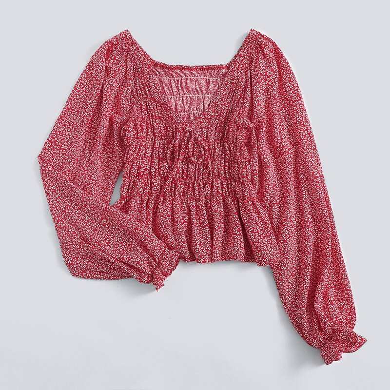 

Ditsy Flower Tie Front Crop Top, Red