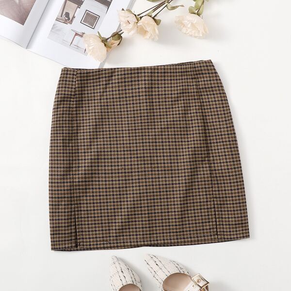 

Plus Zip Back Gingham Skirt, Coffee brown