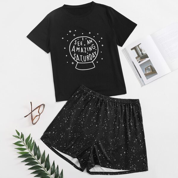 

Plus Letter & Galaxy Print Pajama Set, Black