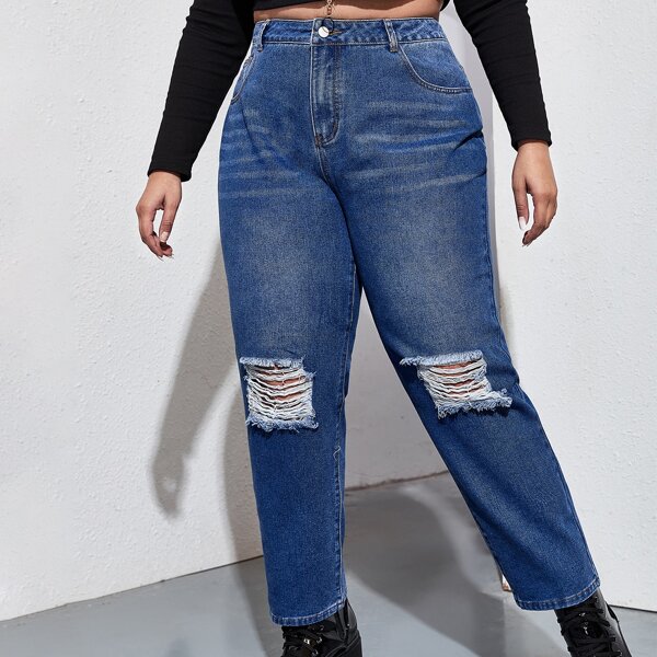 

Plus High Waist Ripped Jeans, Medium wash