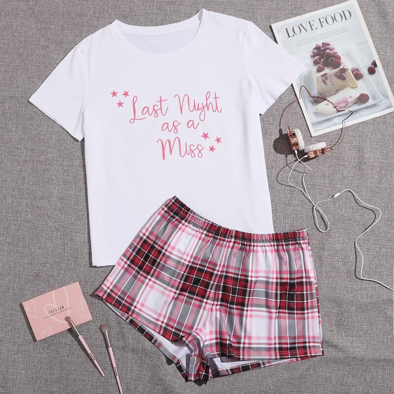 

Slogan & Tartan Print Pajama Set, Multicolor