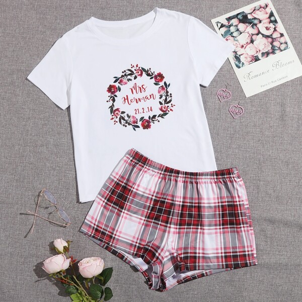 

Letter & Tartan Print Pajama Set, Multicolor
