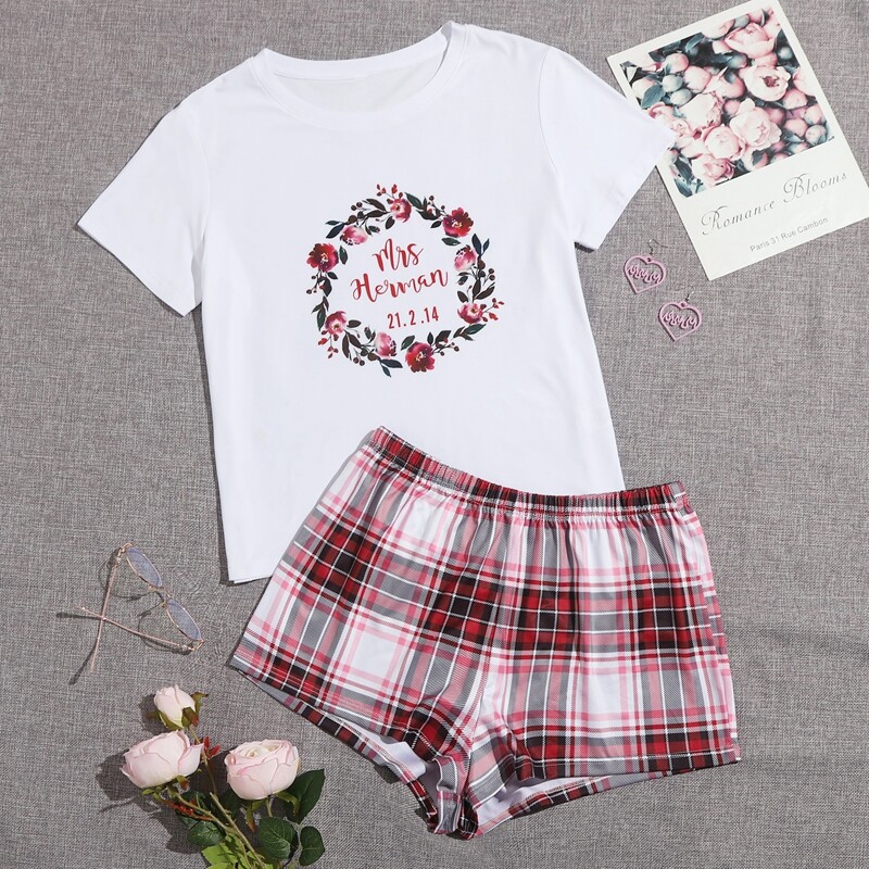 

Letter & Tartan Print Pajama Set, Multicolor
