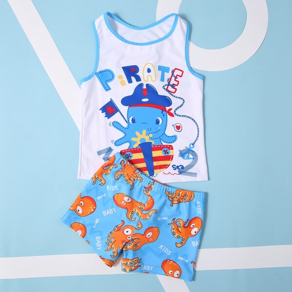 Toddler Boys Cartoon Octopus Print Swimsuit, Multicolor