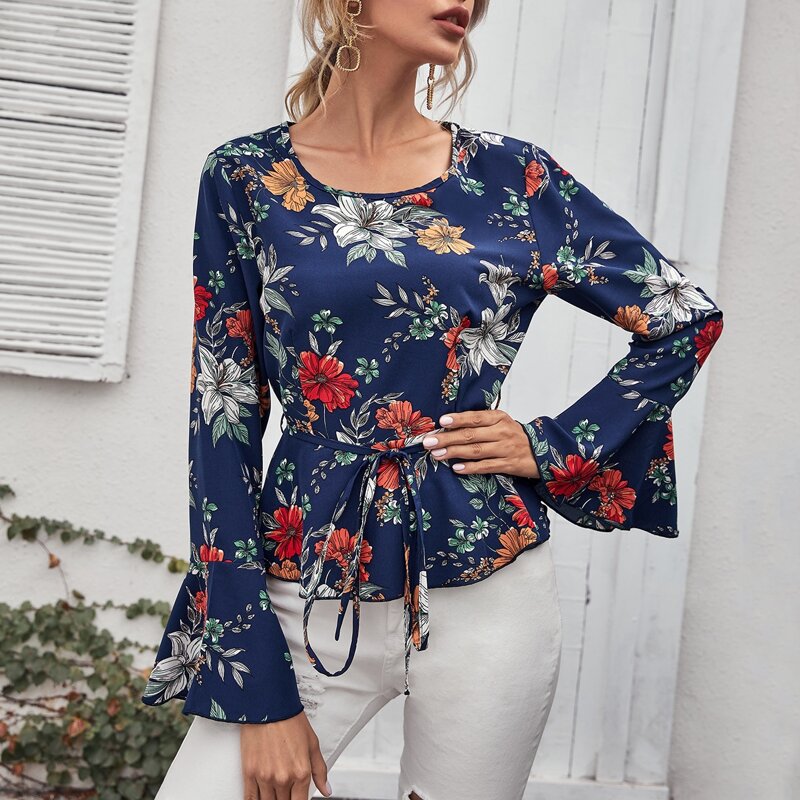 

Flounce Sleeve Belted Floral Print Blouse, Multicolor