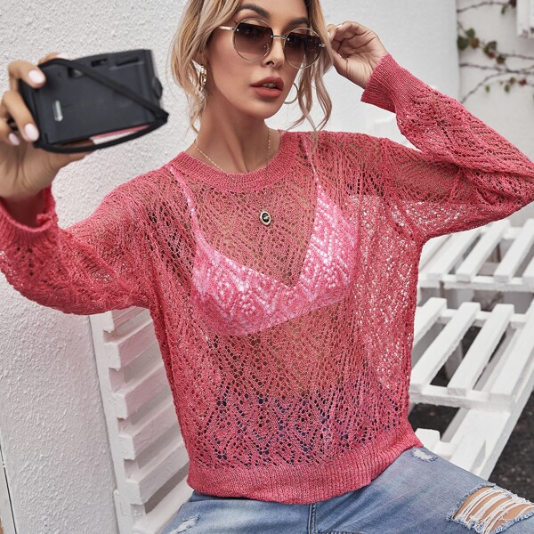 

Drop Shoulder Open Knit Cover Up Without Bra, Watermelon pink