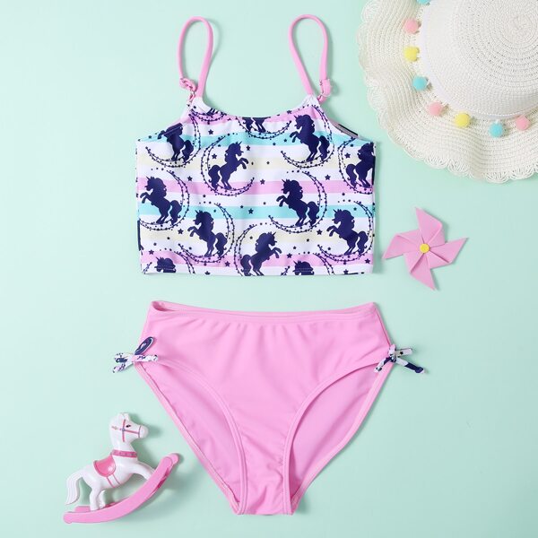 

Girls Unicorn & Striped Bikini Swimsuit, Multicolor