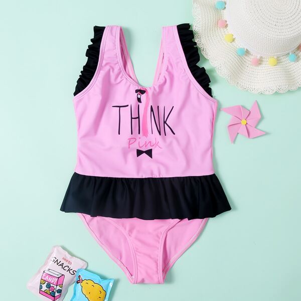 

Girls Flamingo Print Peplum One Piece Swimsuit, Pink