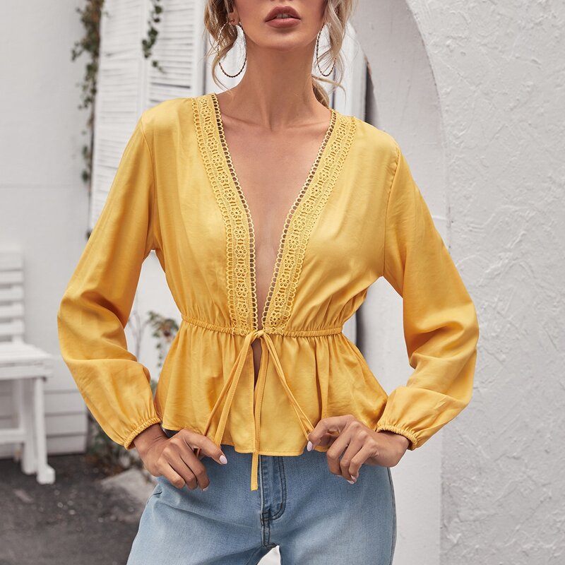 

Guipure Lace Trim Tie Front Top, Yellow