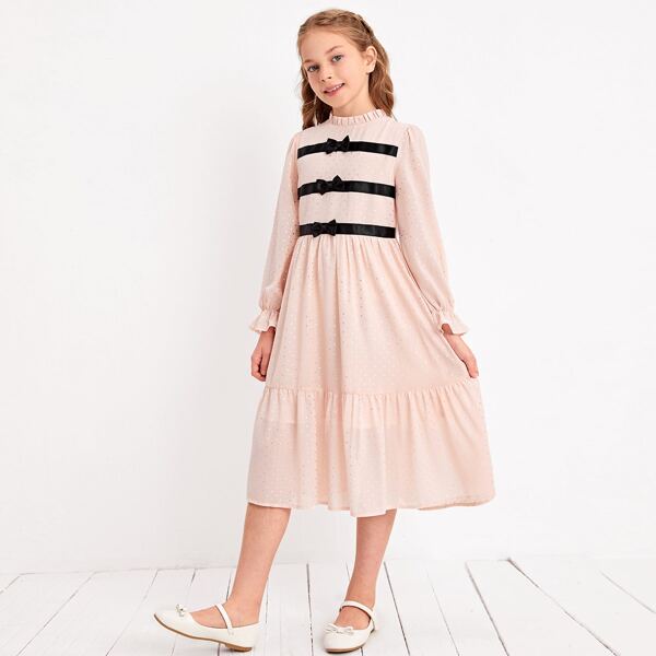 

Girls Glitter Ruffle Neck Flounce Sleeve Bow Detail Dress, Pastel baby pink