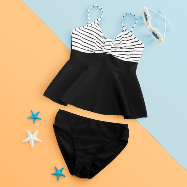 

Girls Striped Flounce Bikini Swimsuit, Black and white