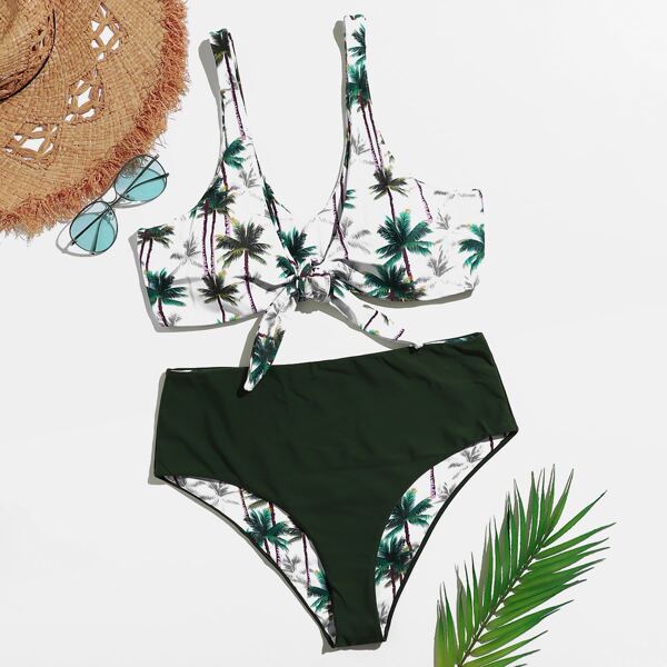 

Plus Palm Tree Print Knot Front Bikini Swimsuit, Multicolor