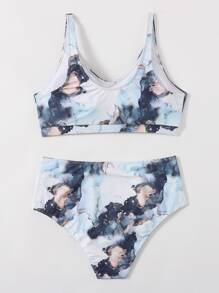 SHEIN Swim Curve Hơn Đá hoa Bộ Bikini Áo ba lỗ & Xù Eo cao Đáy 2 mảnh Bộ đồ tắm - Nhiều màu - Xem 2