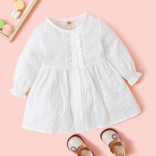 

Baby Girl Swiss Dot Ruffle Smock Dress, White