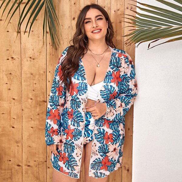 

Plus Tropical Print Mesh Kimono, Multicolor