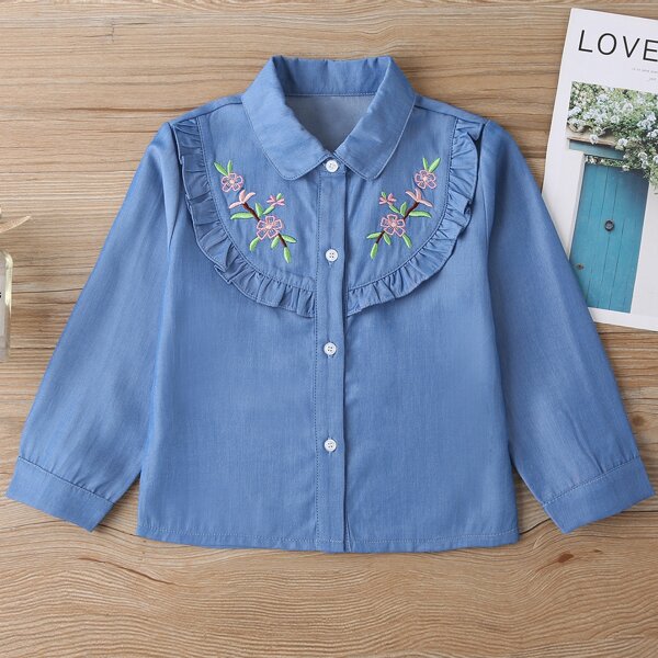 

Toddler Girls Floral Embroidery Ruffle Trim Denim Top, Medium wash