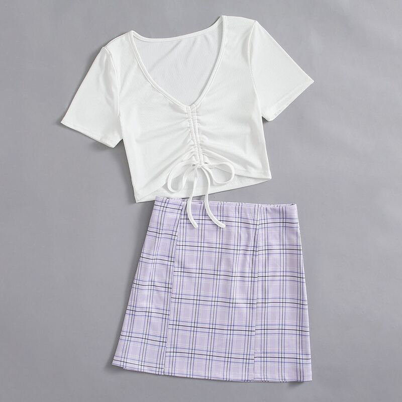 

Solid Drawstring Crop Tee & Plaid Skirt, Multicolor