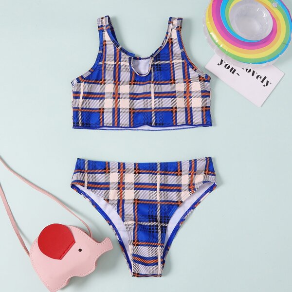 Girls Plaid Bikini Swimsuit, Multicolor