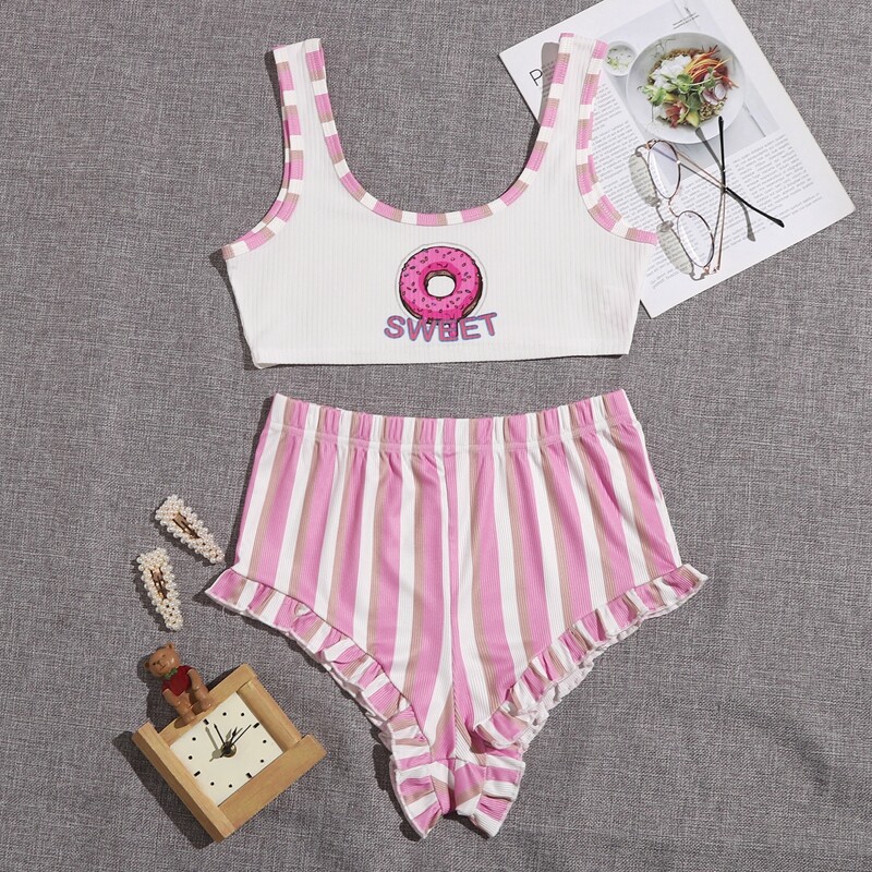 

Stripe And Letter Graphic Tank Pajama Set, Multicolor