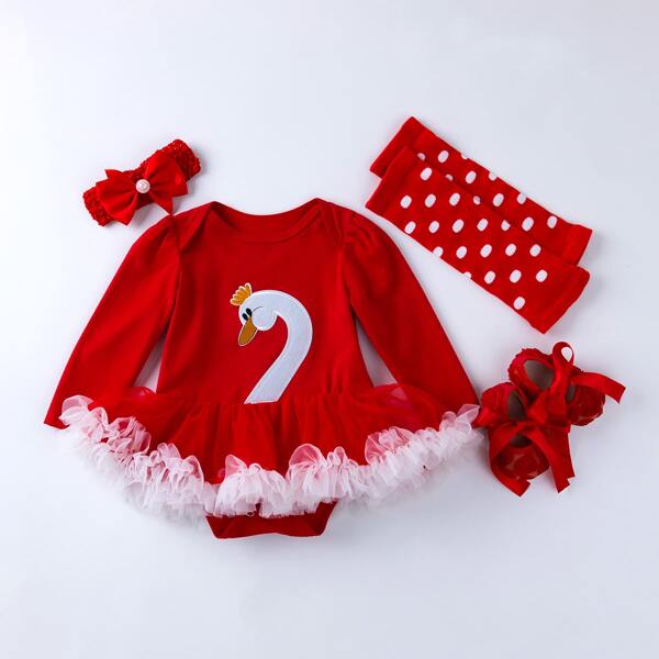 

Baby Girl 4pack Contrast Mesh Bodysuit & Headband & Shoes & Foot Cover, Red