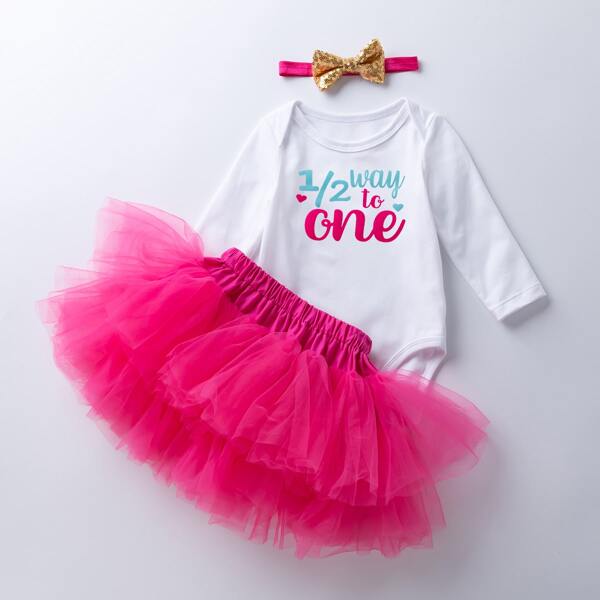 

Baby Girl Slogan Graphic Bodysuit & Tutu Skirt & Headband, Multicolor