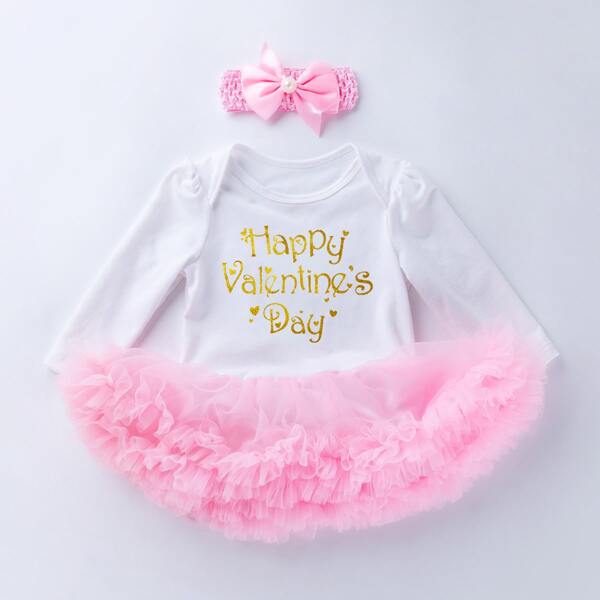 

Baby Girl Slogan Graphic Contrast Mesh Bodysuit With Headband, Pink