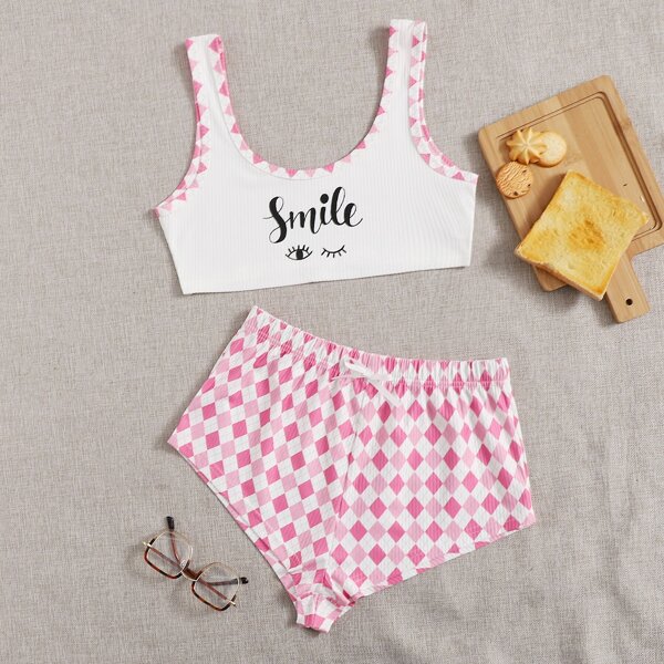 

Argyle And Letter Graphic Tank Pajama Set, Multicolor
