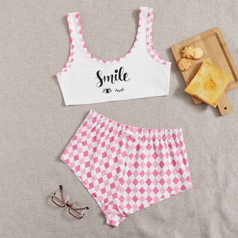 

Argyle And Letter Graphic Tank Pajama Set, Multicolor