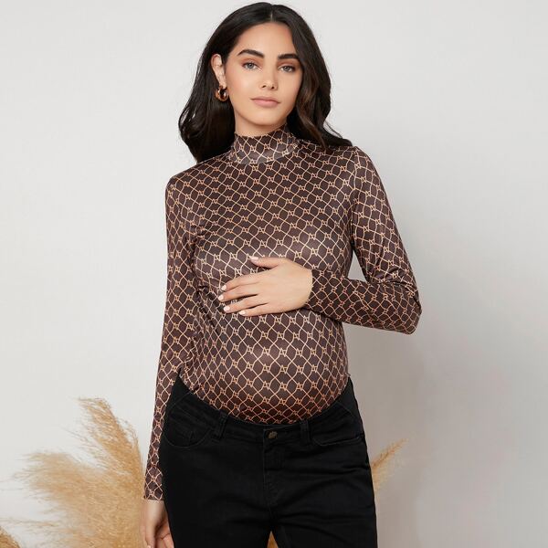 

Maternity Mock Neck All Over Print Tee, Coffee brown