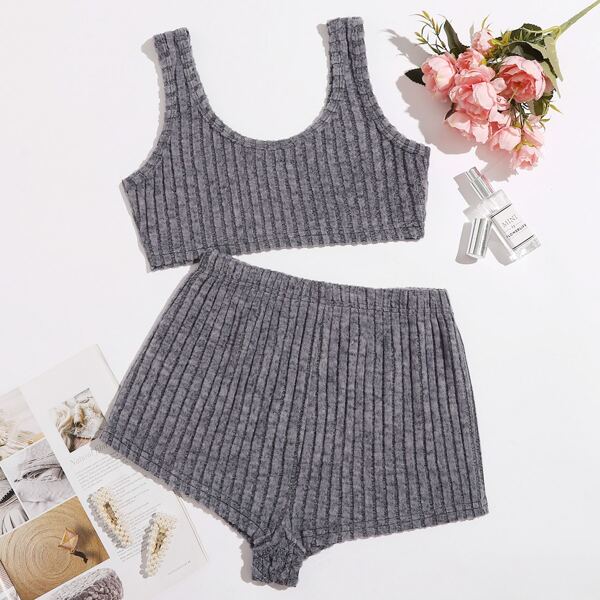 

Solid Ribbed Tank Lounge Set, Grey