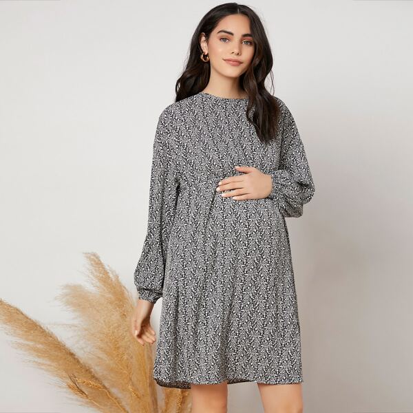 

Maternity Ditsy Floral Dress Without Belt, Black and white